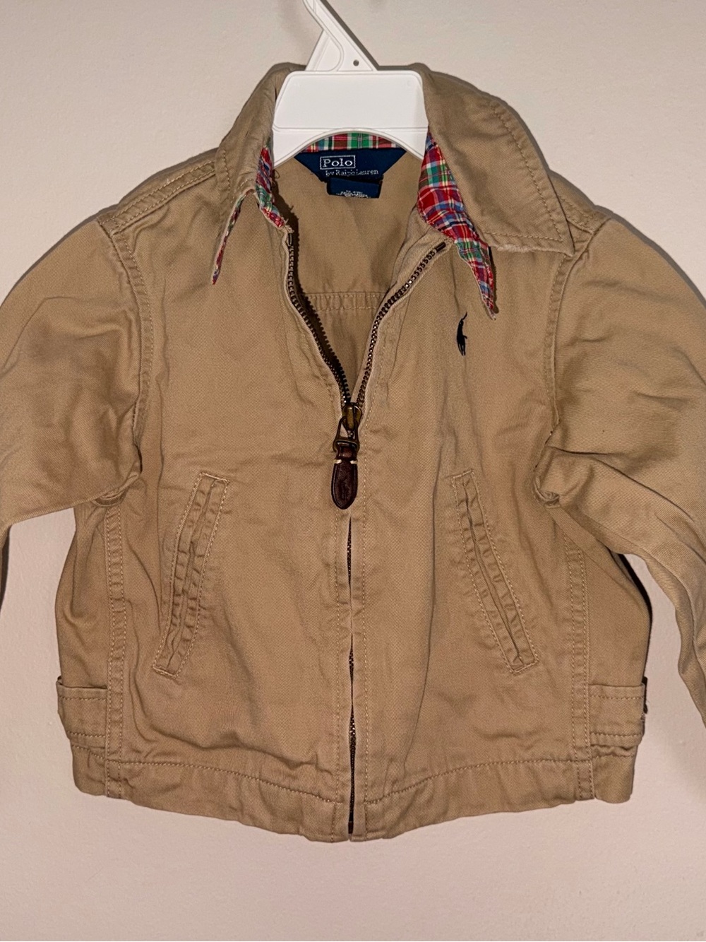 Polo by Ralph Lauren Kids Tan Cotton Zip Jacket with Plaid Trim